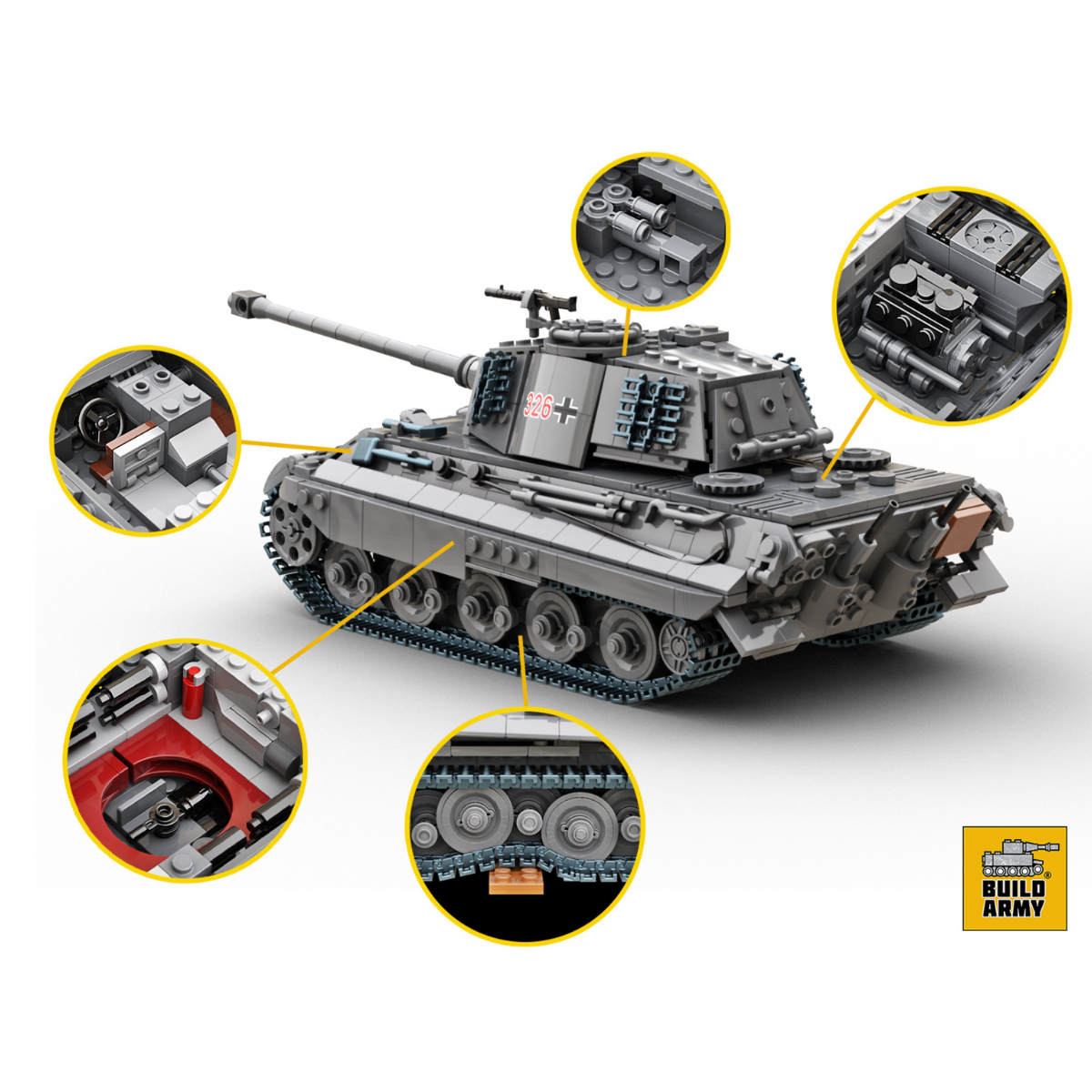 Build Army King Tiger (Tiger ll) Grey Brick Model - 1:33 Scale