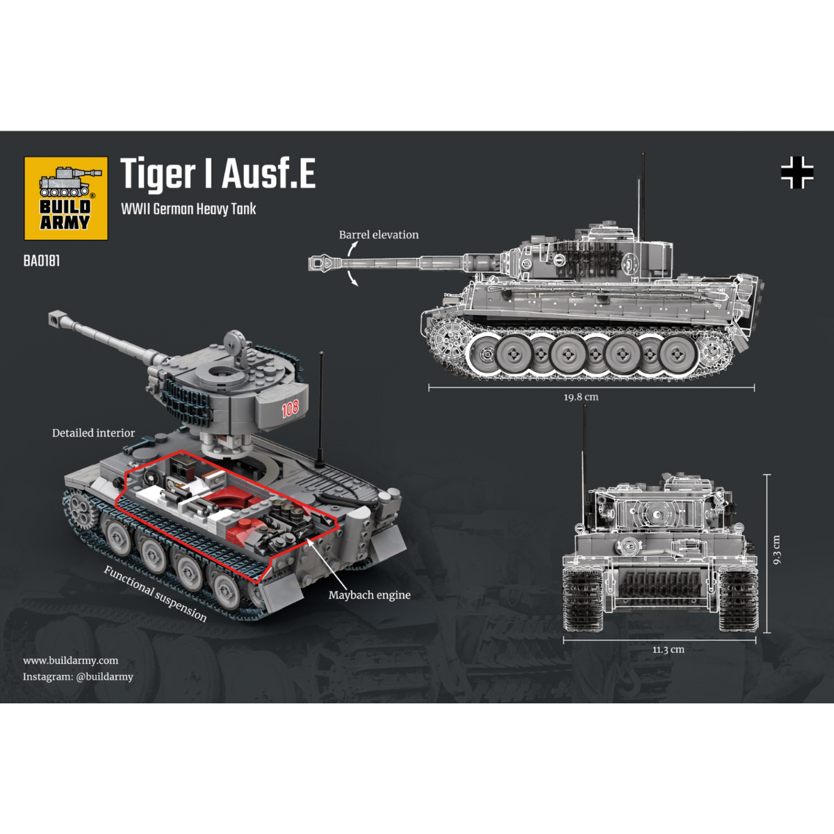 Build Army Tiger 1 Grey Brick Model - 1:33 Scale