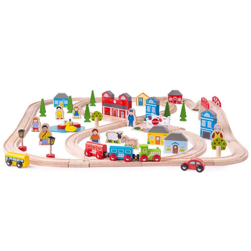 Bigjigs Town and Country Train Set - Wooden Train Set - Phillips Hobbies