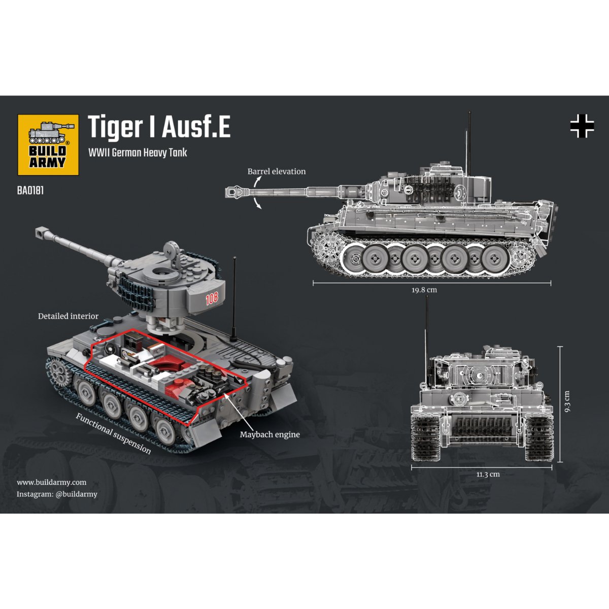 Build Army Tiger 1 Grey Brick Model - 1:33 Scale - Phillips Hobbies