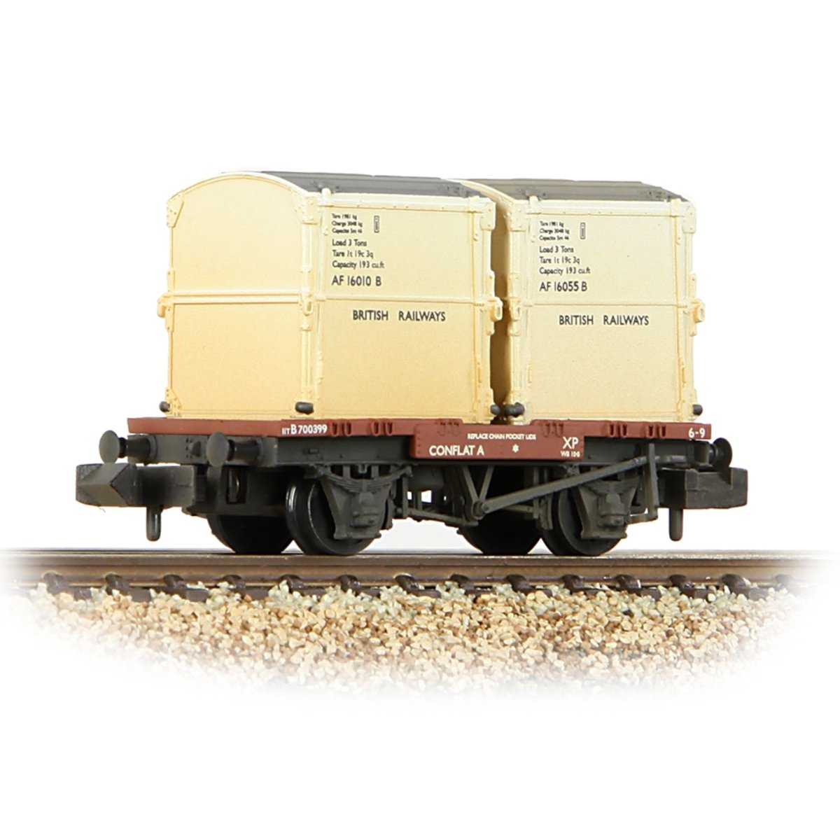 Graham Farish Conflat Wagon BR Bauxite (Early) with 2 BR White AF Containers [W, WL] - N Gauge - Phillips Hobbies