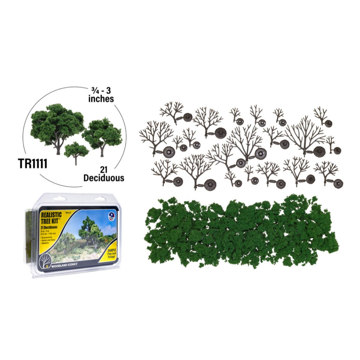 Woodland Scenics ¾" - 3" Medium Green Deciduous Trees (21/Kit) - Phillips Hobbies